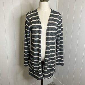 B Flawless Women's Size Large Grey White Striped Open Front Cardigan Sweater